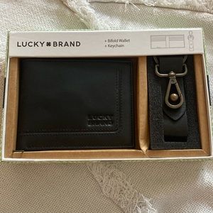 Lucky Brand Men’s Black leather RFID Wallet And Key Ring Gift Set - BNIB